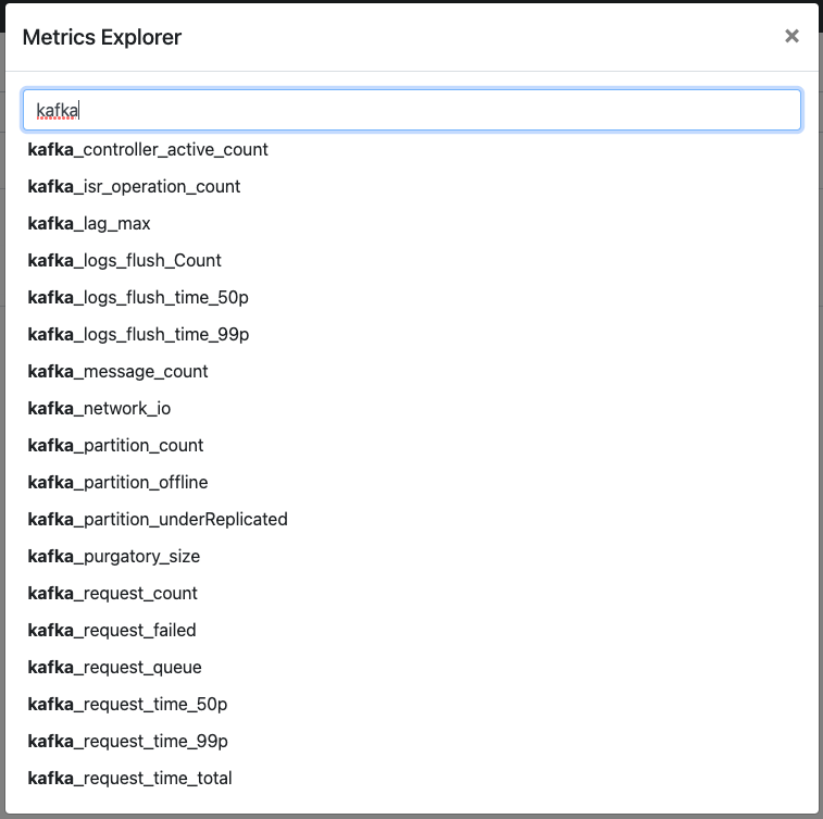 メトリクスエクスプローラーで表示された Kafka メトリクスのリスト