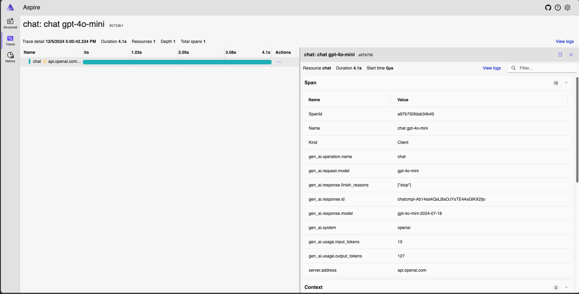 Aspire Dashboard でのチャットトレース